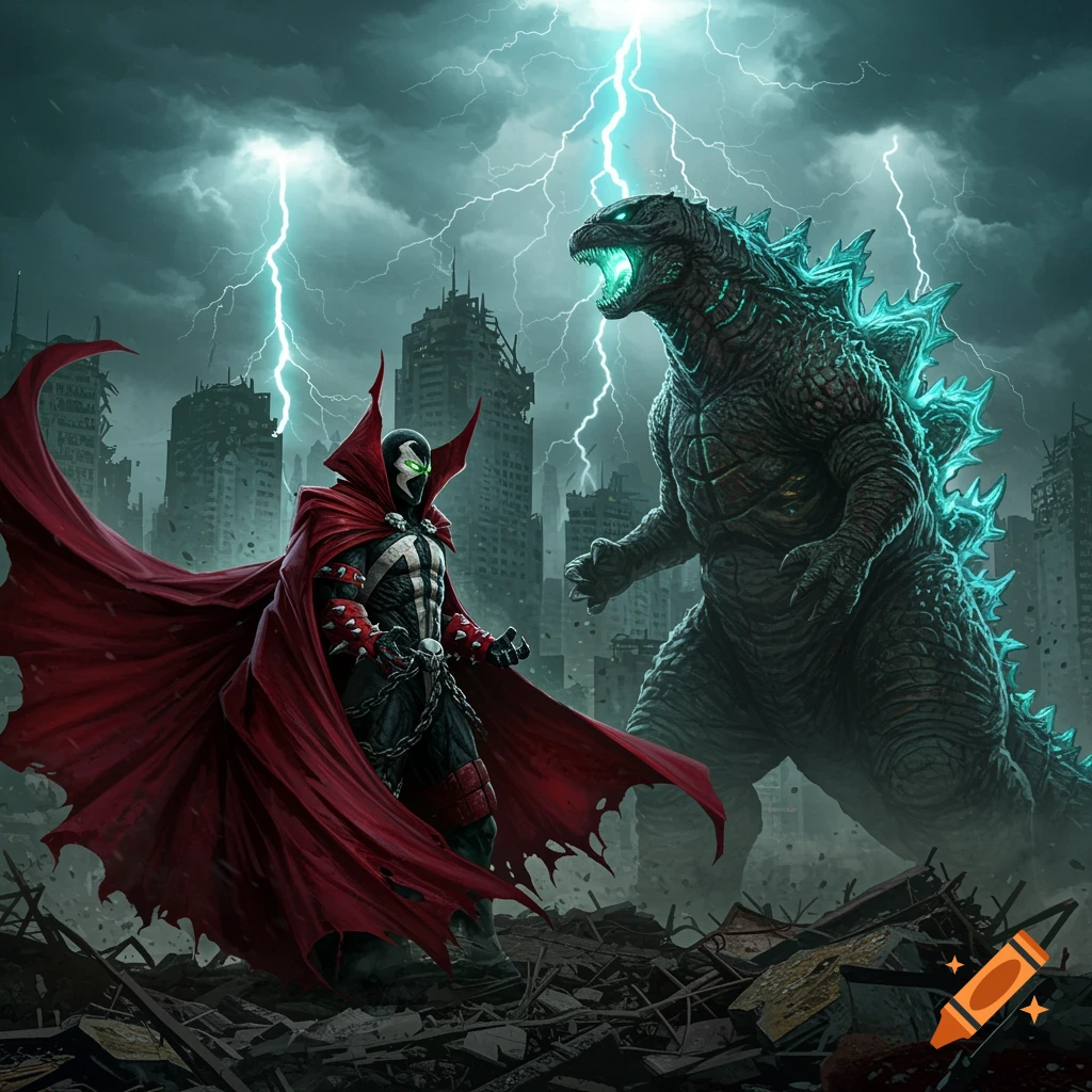 Spawn and Godzilla face off in a ruined city under a stormy, lightning-filled sky in a dramatic comic book style.