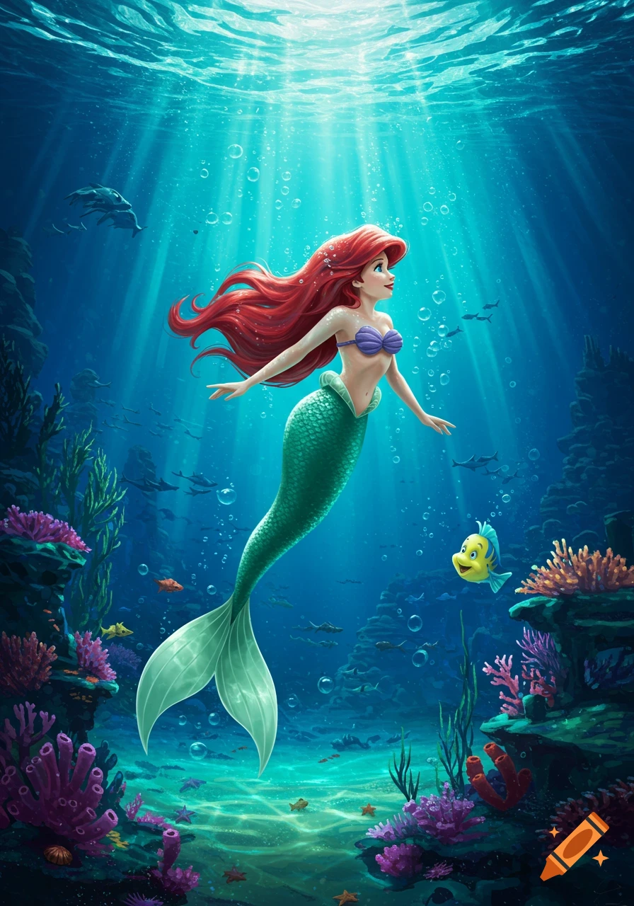 Ariel the Little Mermaid swims gracefully underwater with Flounder amidst colorful coral and sunlight rays, in an animated style.
