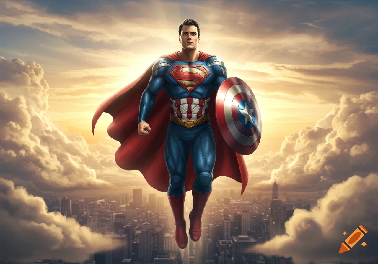 A Superman Captain America hybrid character, wearing a blue suit, red cape, and holding Captain America's shield, hovers above a city at sunset.