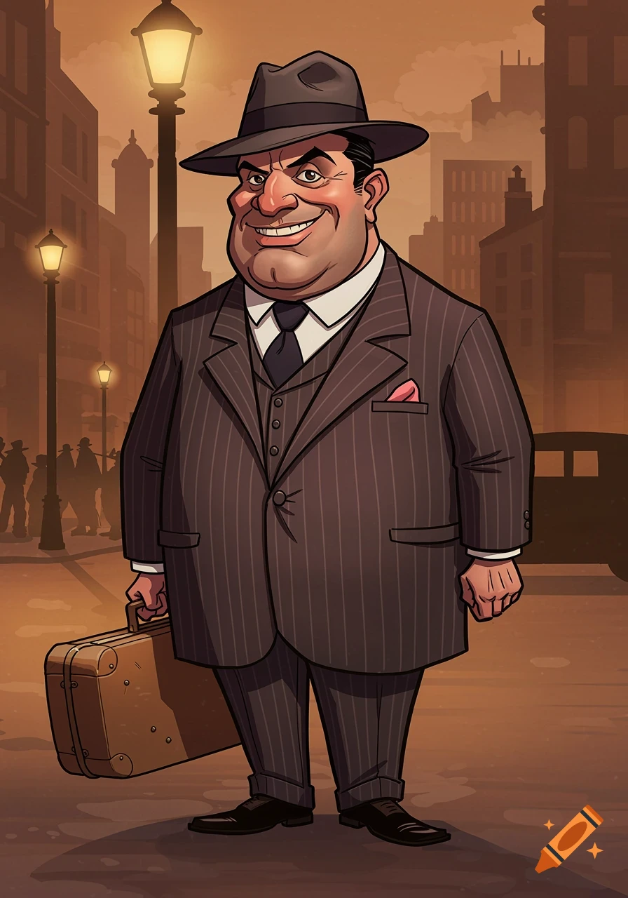 A smiling, portly man in a pinstripe suit and fedora stands on a city street, holding a suitcase, in a cartoon caricature style.