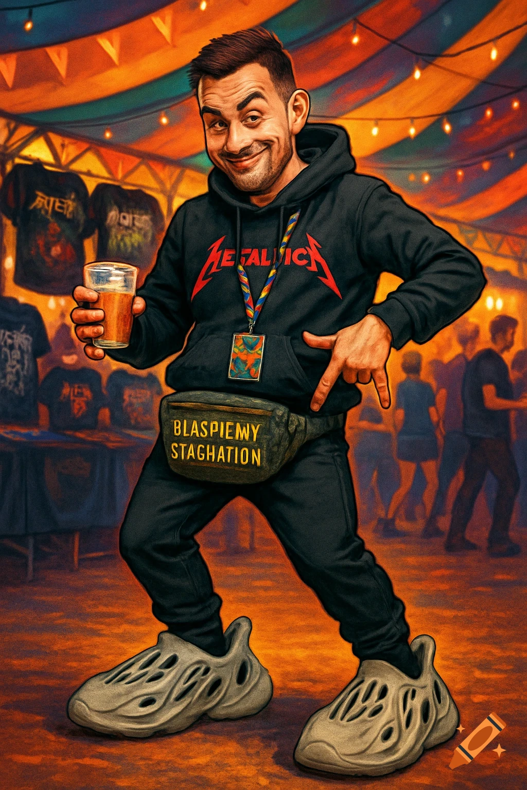 A cartoon man with a mischievous smirk holds a drink, wearing a black hoodie with a metal band logo, a colorful festival lanyard, black pants, and large foam sneakers. He points to a fanny pack while standing at a music festival tent with merch tables.