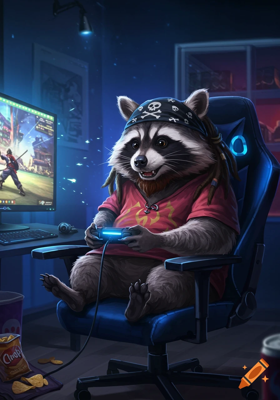 A semi-realistic raccoon with dreadlocks and a pirate bandana sits in a gaming chair, playing video games with a controller. Snacks are nearby.