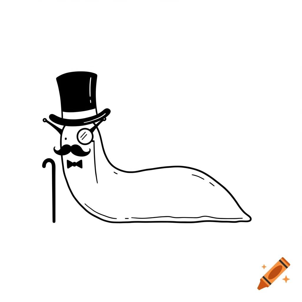 A black and white cartoon illustration of a slug wearing a top hat, monocle, mustache, and bowtie, holding a cane.