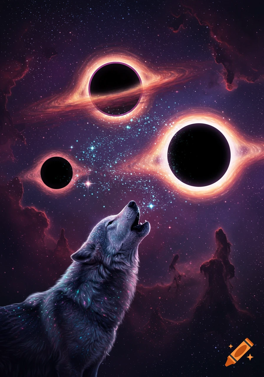 A stylized wolf howls towards three black holes surrounded by fiery accretion disks in a purple cosmic sky filled with stars and nebulae.