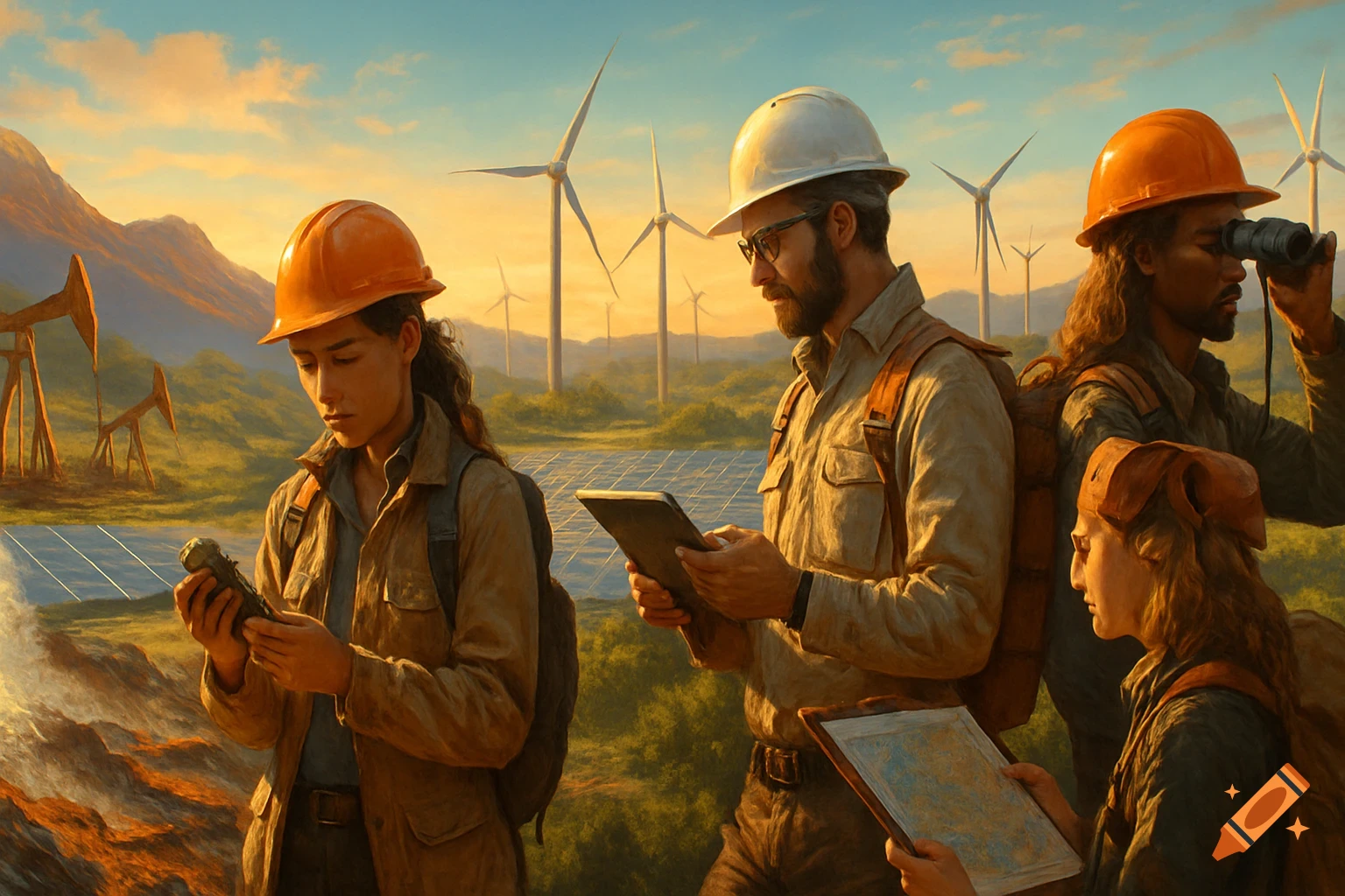 Geoscientists in hard hats examine a tablet, a map, and an object in a landscape featuring wind turbines, solar panels, and oil rigs.