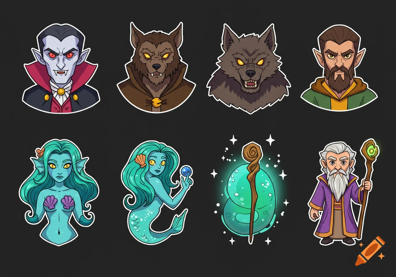 Eight cartoon icons of fantasy characters and creatures, including a vampire, werewolves, mermaids, a wizard, and a magical staff.