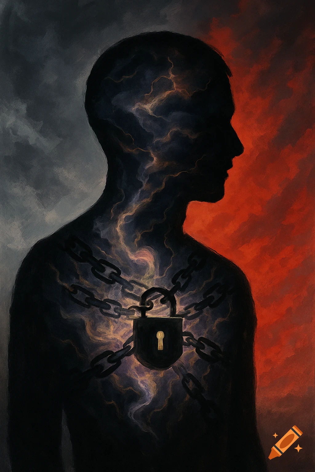 Symbolic illustration of a person's silhouette with chains and a padlock on their chest, glowing energy inside, against a split grey and red background.