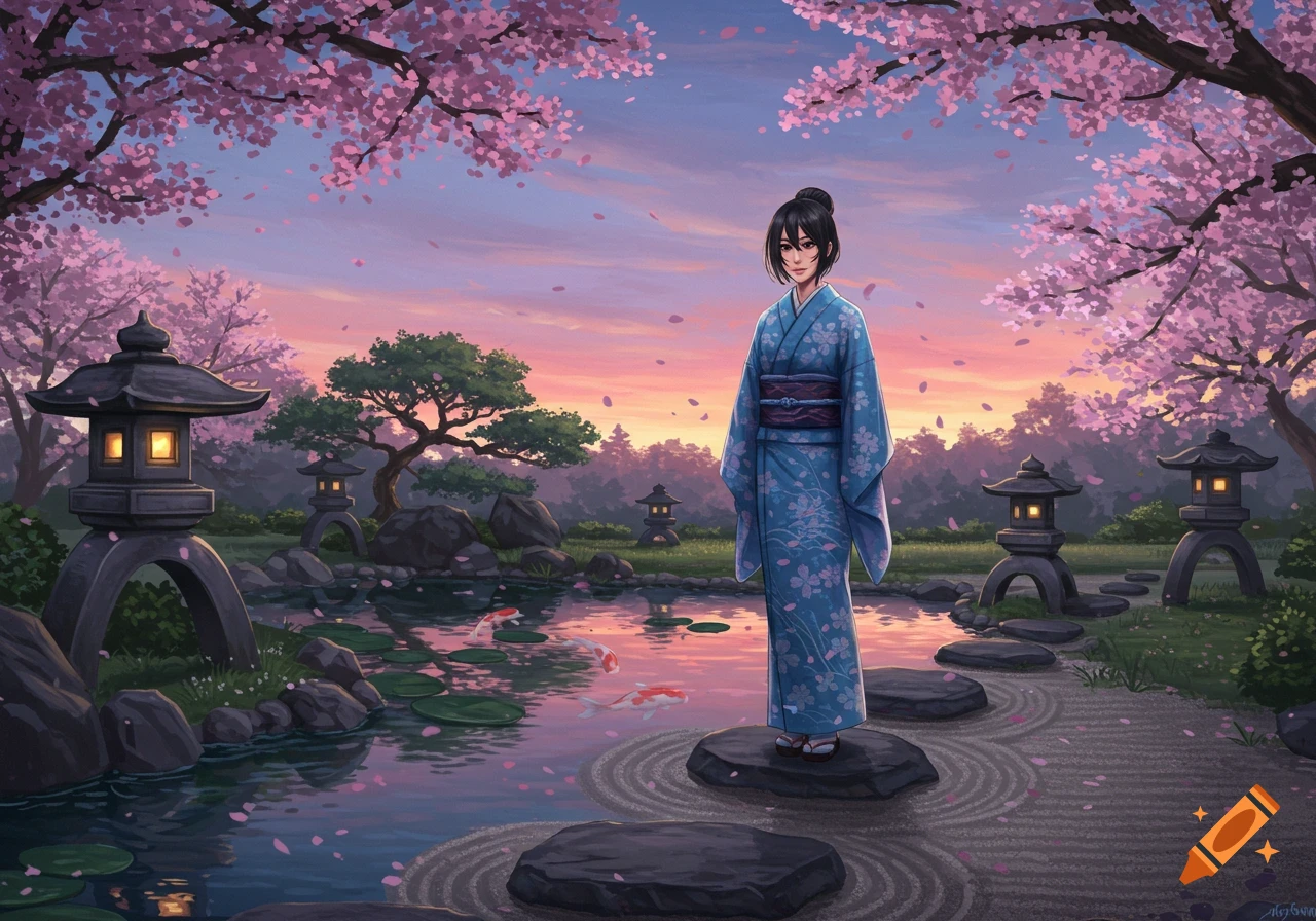 Anime woman in blue kimono in a Japanese garden with pink cherry blossoms, stone lanterns, and a pond with koi at sunset.
