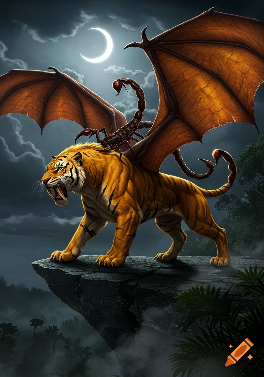 A majestic saber tooth tiger with large bat wings and a scorpion tail stands on a moonlit cliff overlooking a misty forest.