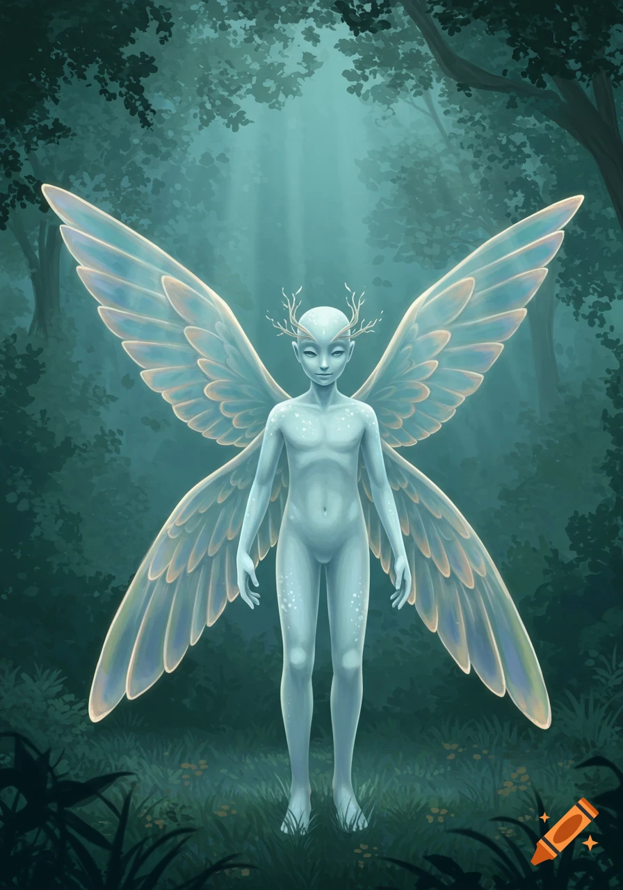 A pale, ethereal, winged creature with branch-like antlers stands in a mystical forest with light rays.