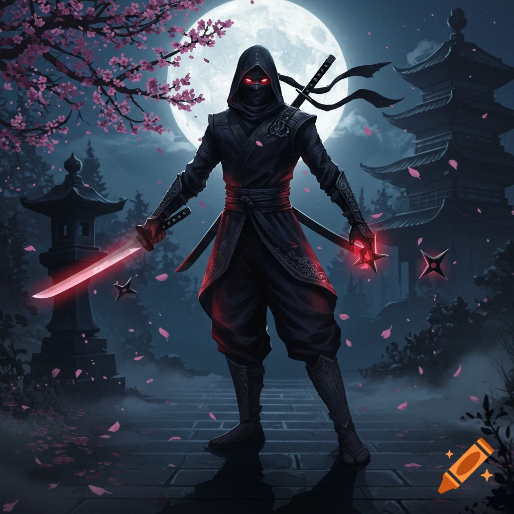 A ninja with glowing red eyes and a red glowing sword stands in a moonlit Japanese garden with cherry blossoms and temples.