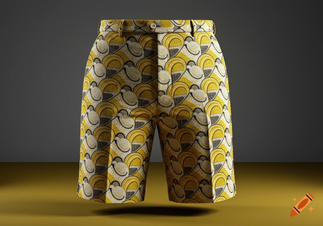 A photorealistic pair of shorts with a yellow, white, and black abstract pattern.