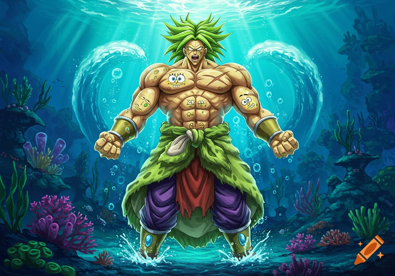 A muscular, green-haired anime character with Spongebob faces on his body stands in a vibrant underwater scene with coral.