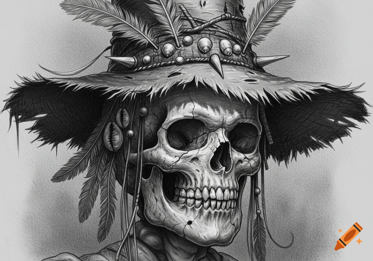 A detailed pencil sketch of a creepy human skull wearing a tattered voodoo hat adorned with feathers, spikes, and shells.