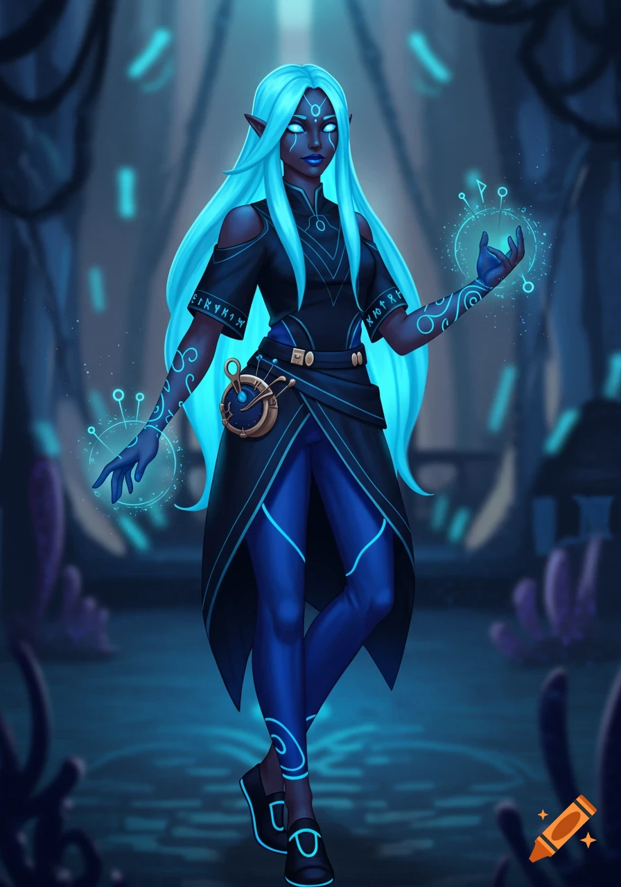 A dark-skinned female elf with long, glowing blue hair and eyes, wearing a black outfit with blue glowing accents and runes, stands in a mystical, blue-lit setting while conjuring magic.