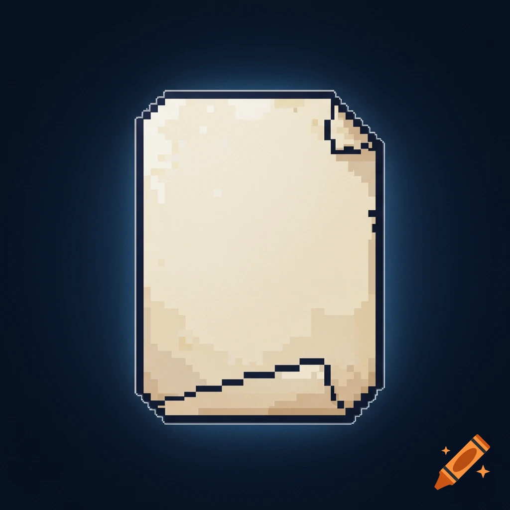 A pixel art icon of a weathered, blank piece of parchment paper with slightly curled corners, set against a dark background with a subtle glow.