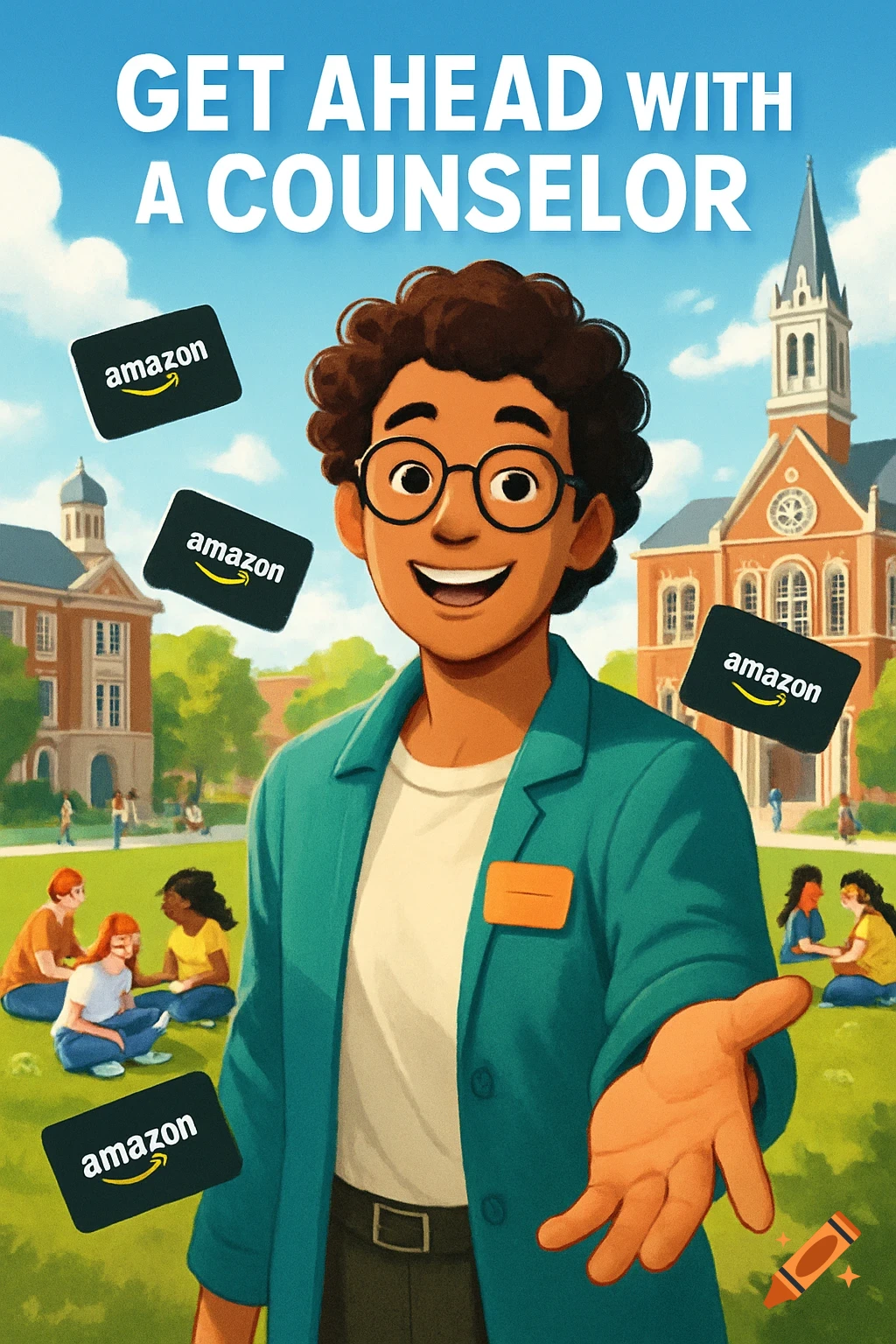 A smiling student with glasses on a college campus with Amazon vouchers floating around, reaching out. Text reads 'GET AHEAD WITH A COUNSELOR'.