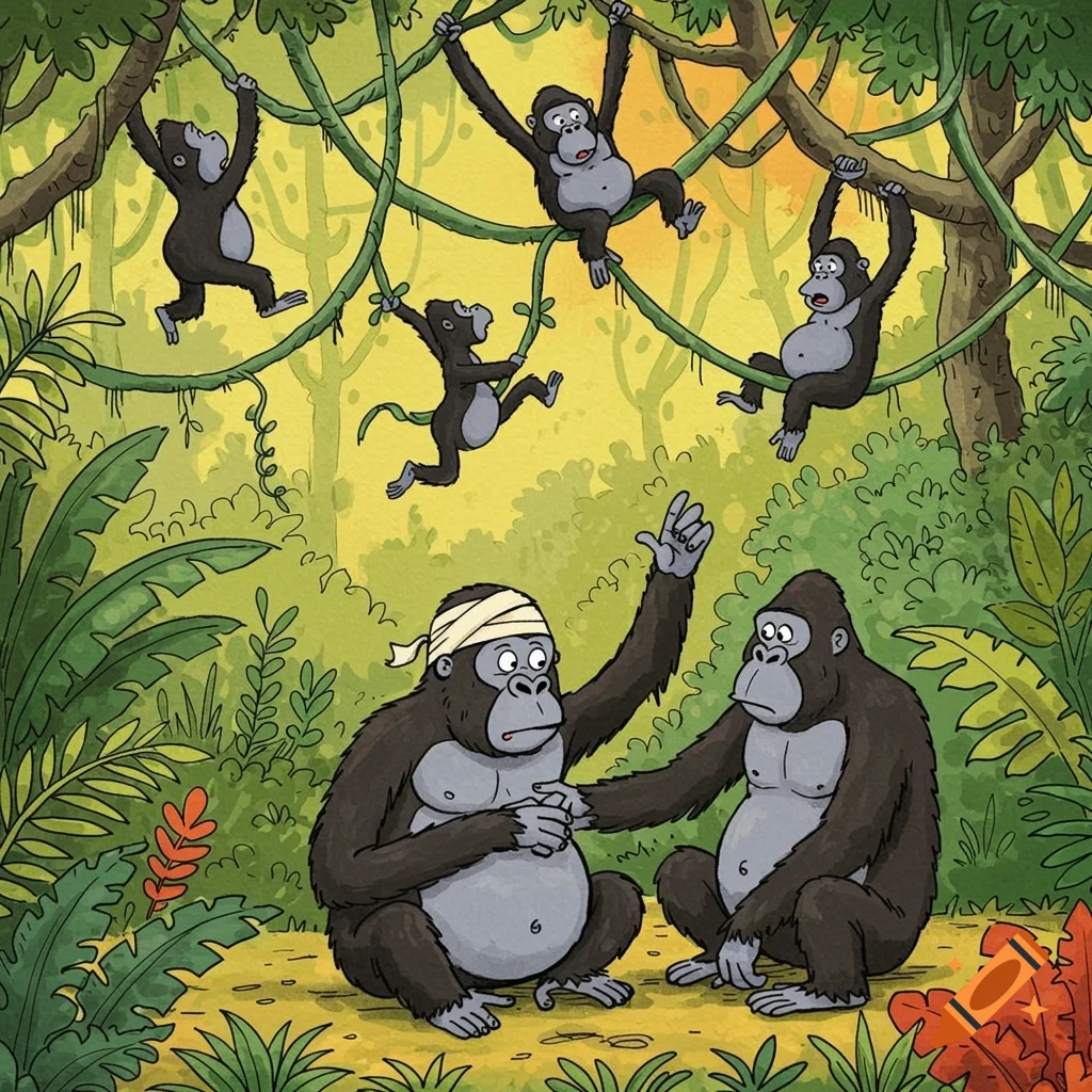 Cartoon illustration of gorillas in a jungle. One gorilla sits with a head bandage, while others swing on vines and interact with him.