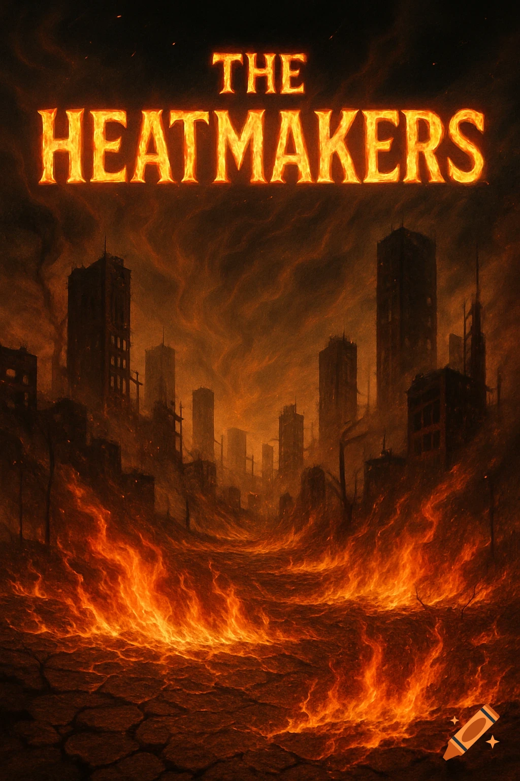 A ruined cityscape engulfed in orange and red flames and smoke under a dark sky, with the words 'THE HEATMAKERS' glowing above.
