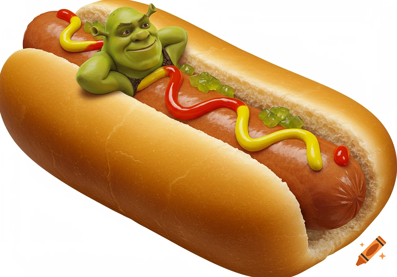 A hyper-realistic image of Shrek as a hotdog, shirtless and lounging in a bun with ketchup, mustard, and relish.
