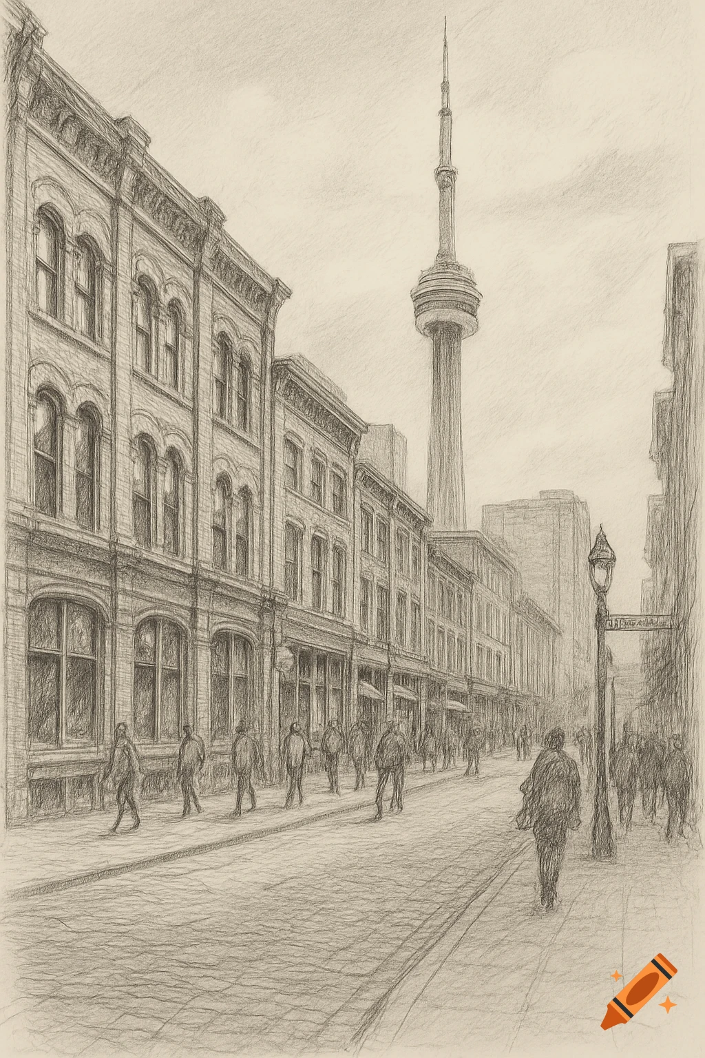 Pencil sketch of a bustling city street lined with old buildings and the CN Tower visible in the background.
