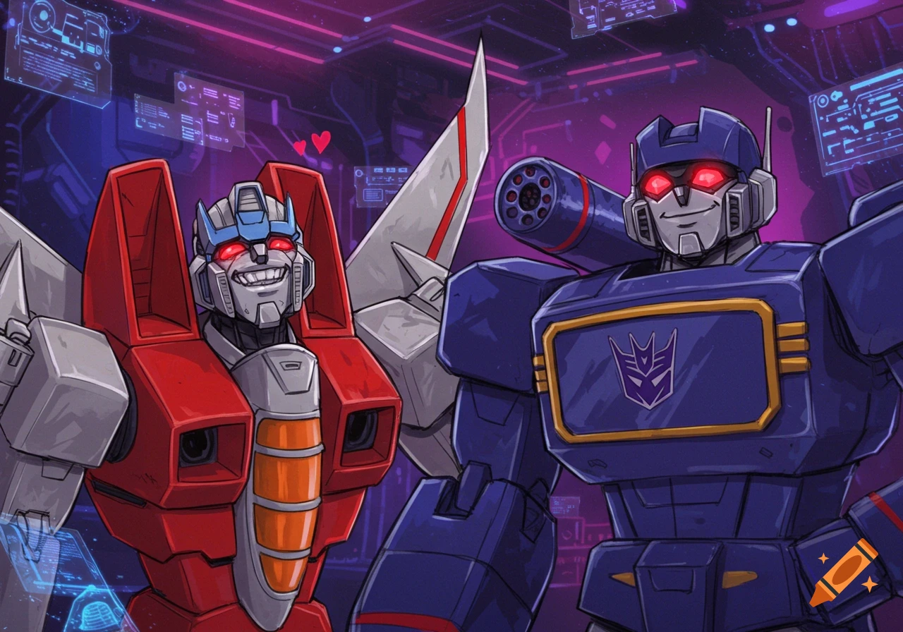 Cartoon illustration of Transformers characters Starscream and Soundwave making silly faces inside a spaceship.