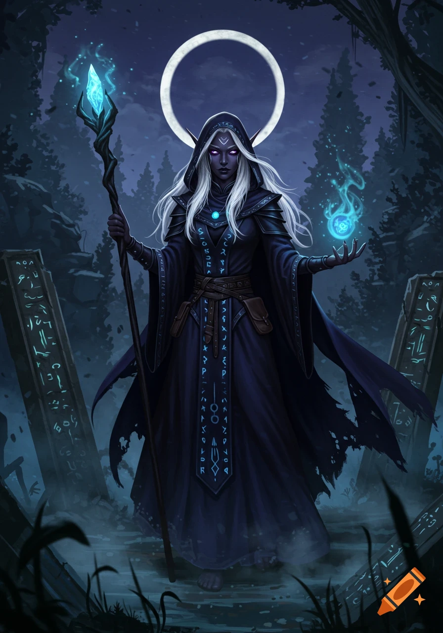 A dark elf sorceress with white hair and glowing purple eyes stands in a moonlit forest clearing, holding a magical staff and glowing orb.