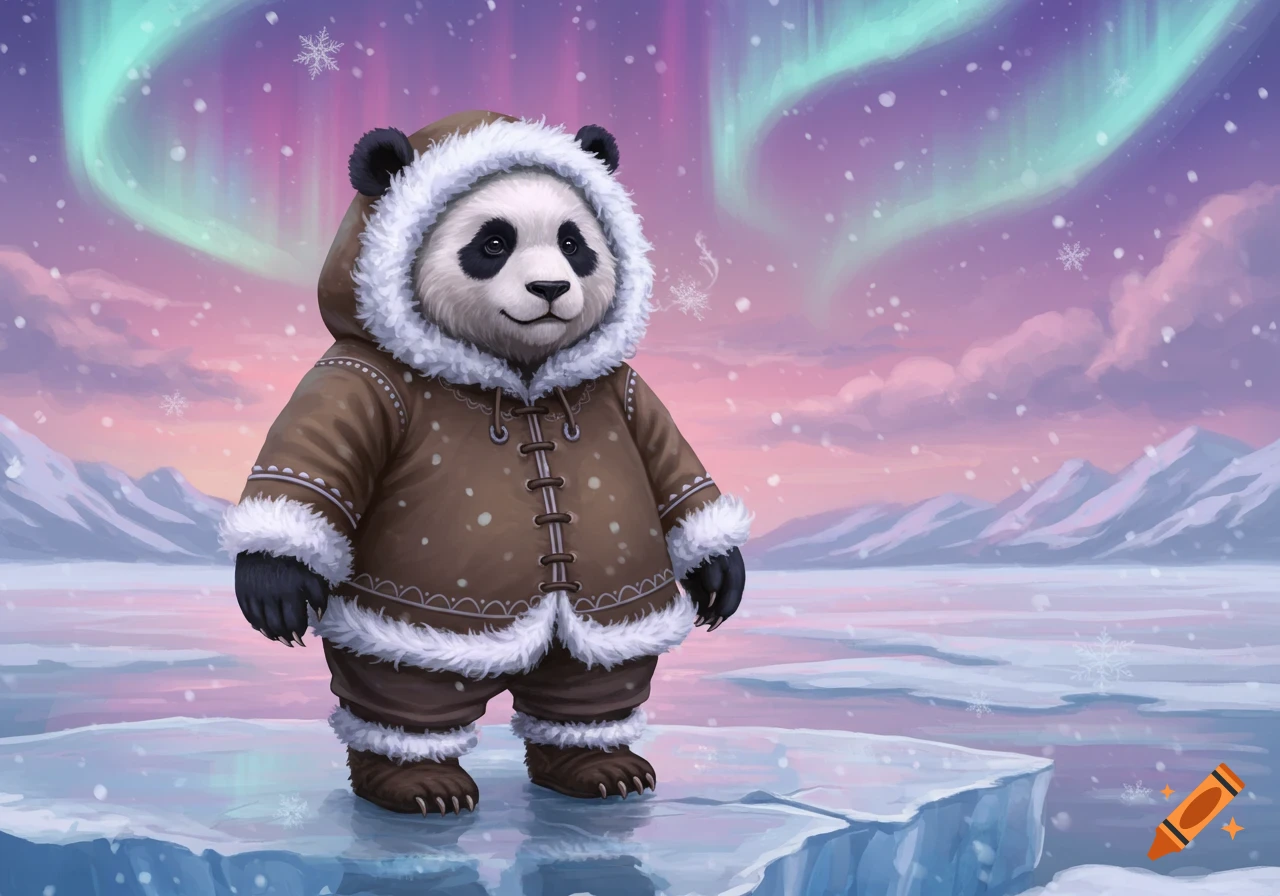 A cute panda dressed in a brown fur-lined winter coat stands on an ice floe with snow falling and aurora borealis in the sky.