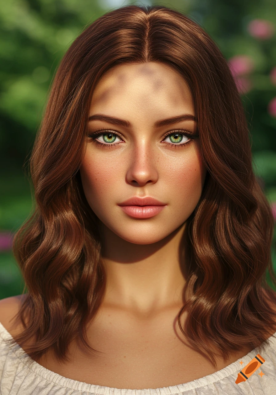 A photorealistic close-up portrait of a woman with long wavy brown hair, green eyes, and freckles, against a blurred green background.