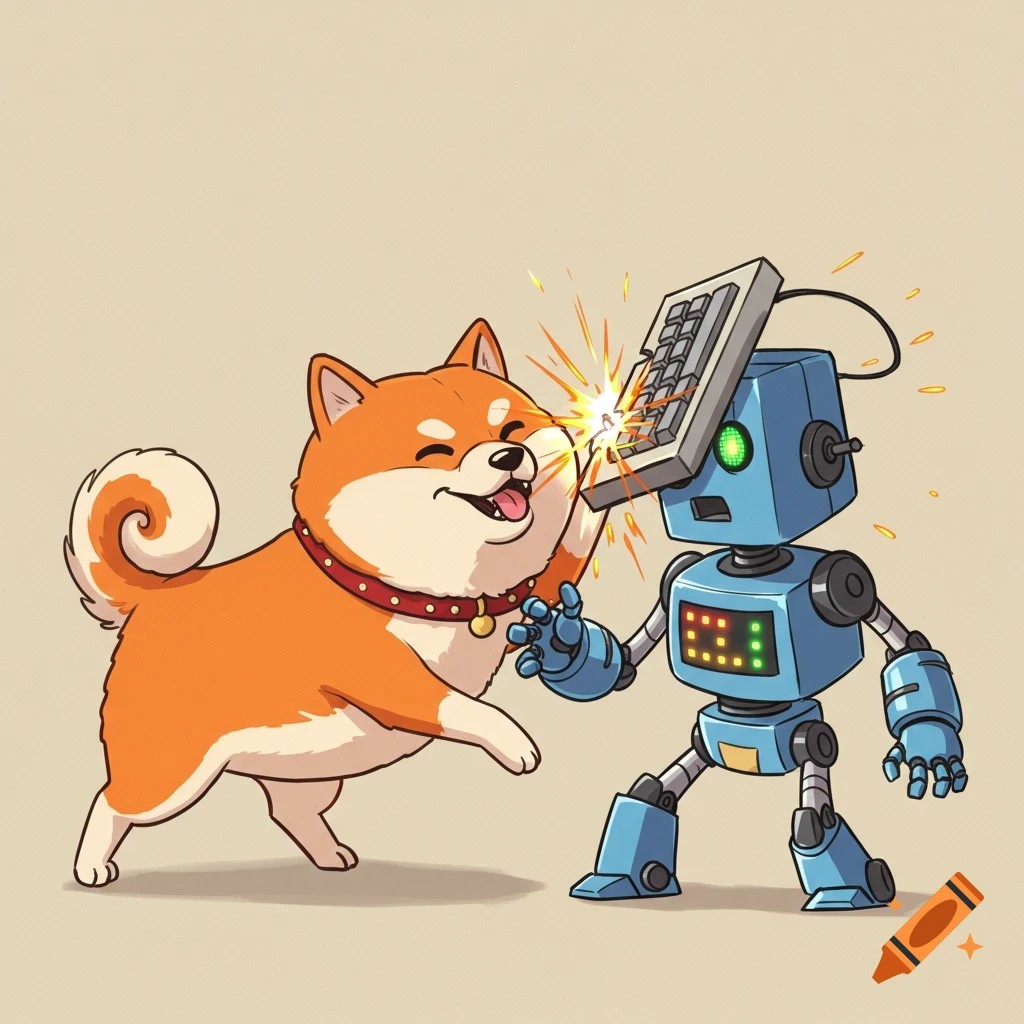 A cartoon shiba inu dog enthusiastically hits a blue robot on the head with a mechanical keyboard, with sparks flying.