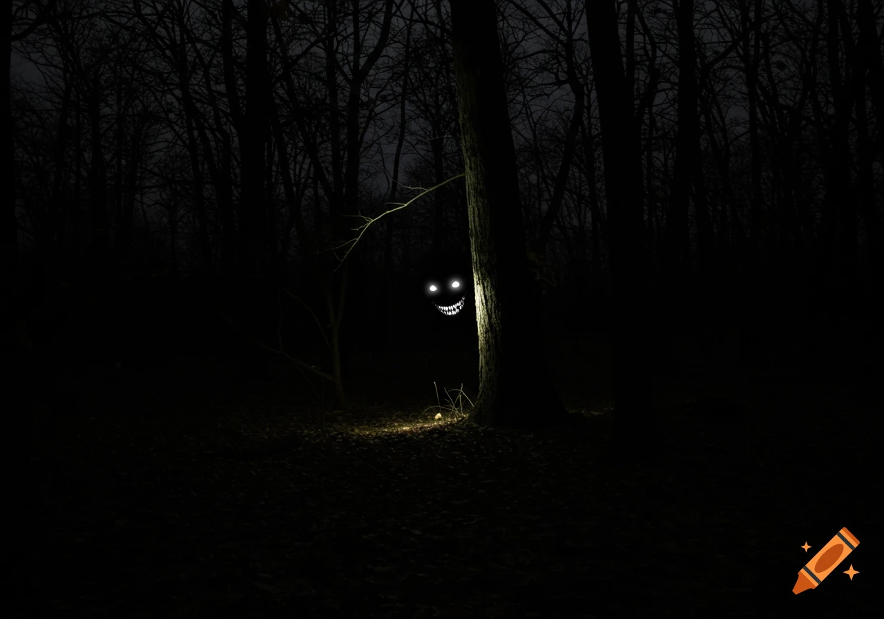 A glowing, creepy face with white eyes and a wide smile peeks from behind a tree in a dark forest lit only by a flashlight beam.