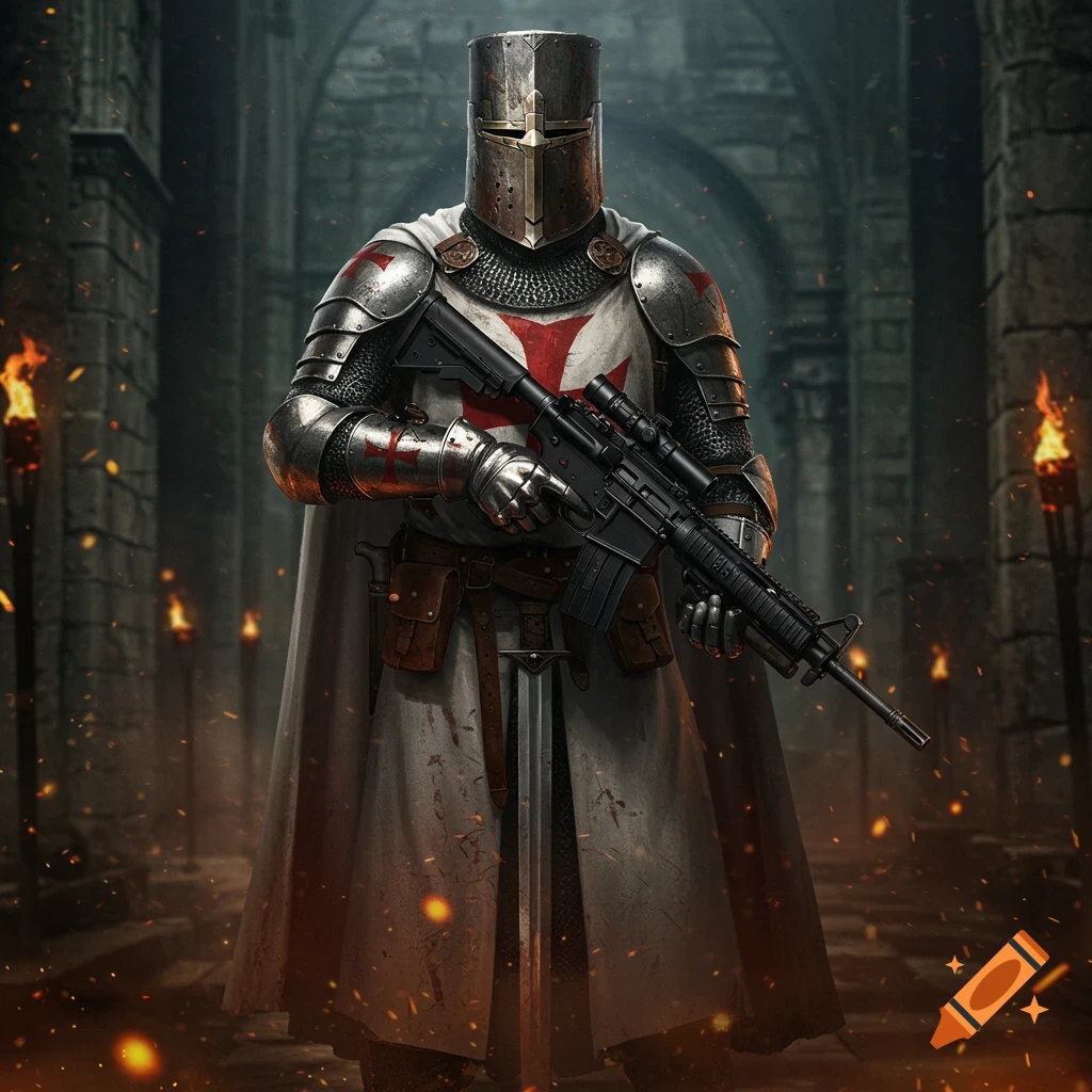 A photorealistic image of a Knights Templar soldier in full armor standing in a torch-lit castle hall, holding a modern AR-15 rifle.