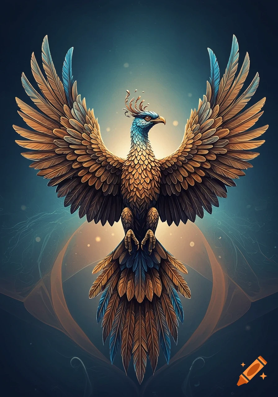 A majestic bird with widespread brown and blue wings, standing against a glowing blue and orange background.