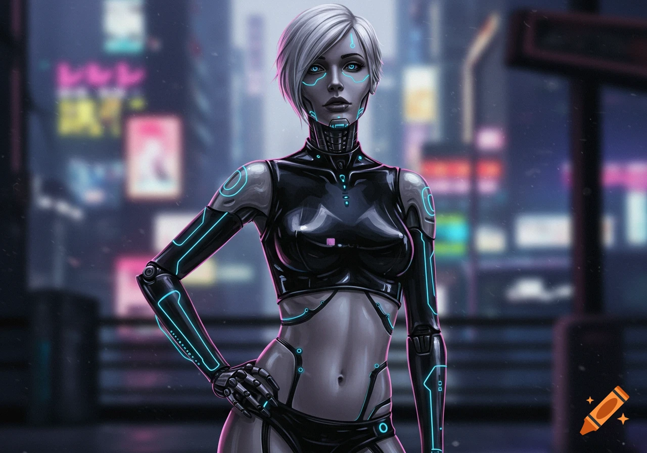 A beautiful cyborg woman with short white hair and glowing blue accents on her black, form-fitting suit stands in a futuristic cyberpunk city.