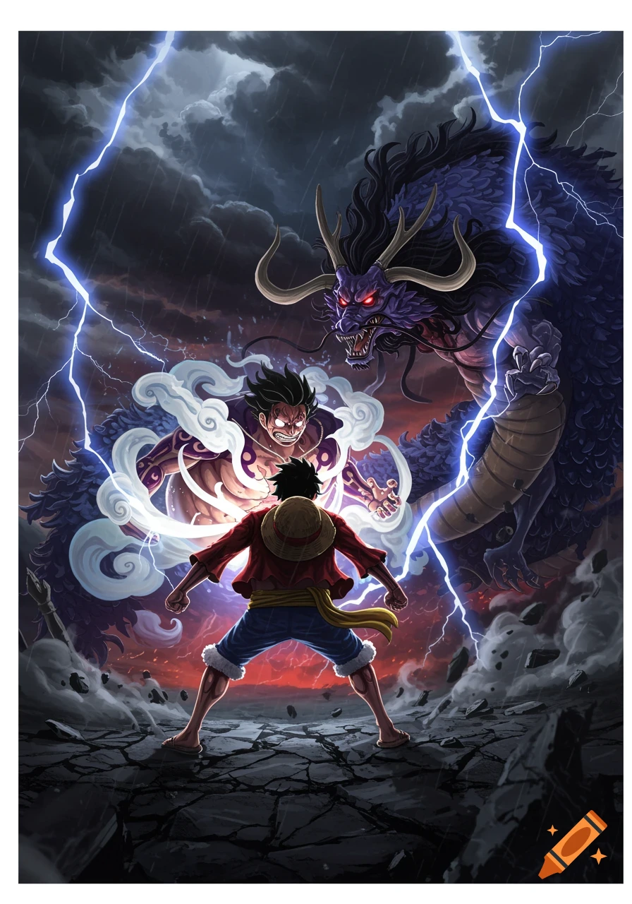 Luffy in Gear 5 facing off against Kaido in a dramatic anime battle with lightning.