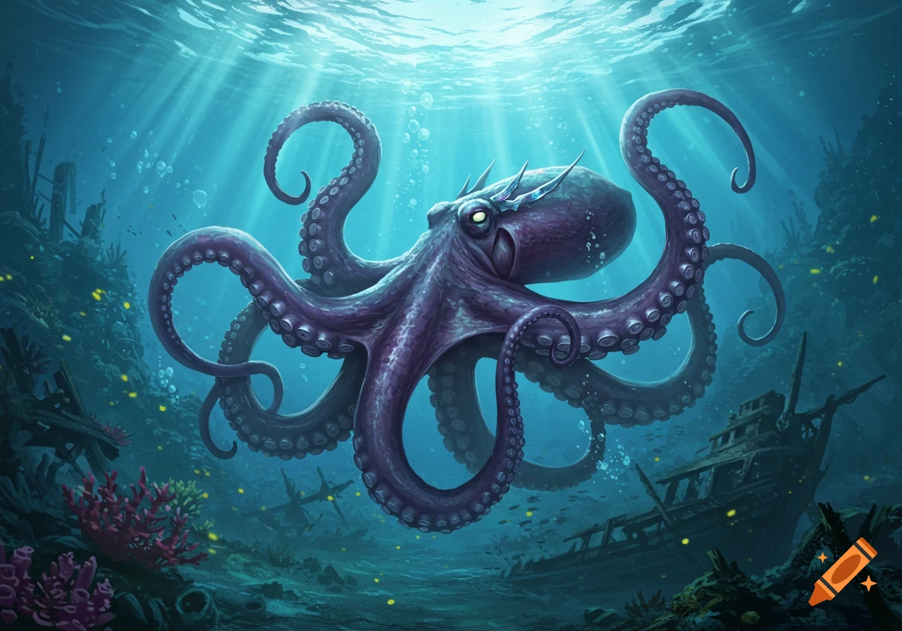 A majestic purple octopus with spiky features on its head swims through sunlit clear blue water among shipwrecks and coral.