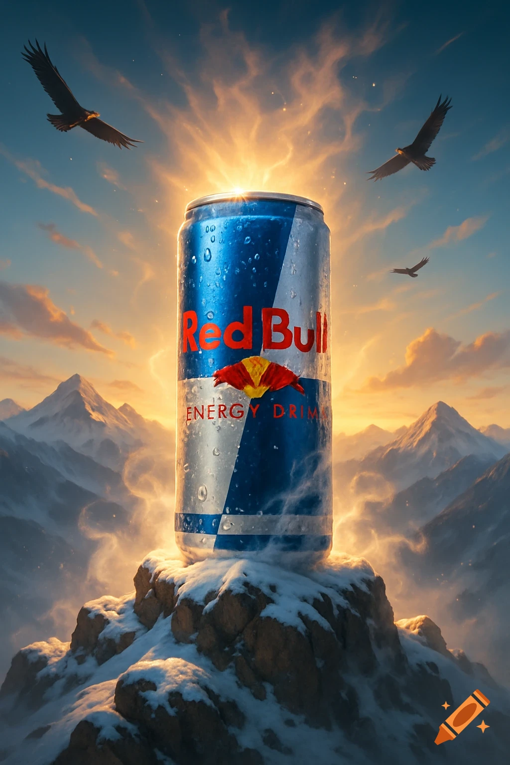 A photorealistic Red Bull can covered in water droplets sits on a snowy mountain peak at sunrise, with eagles flying in the glowing sky.