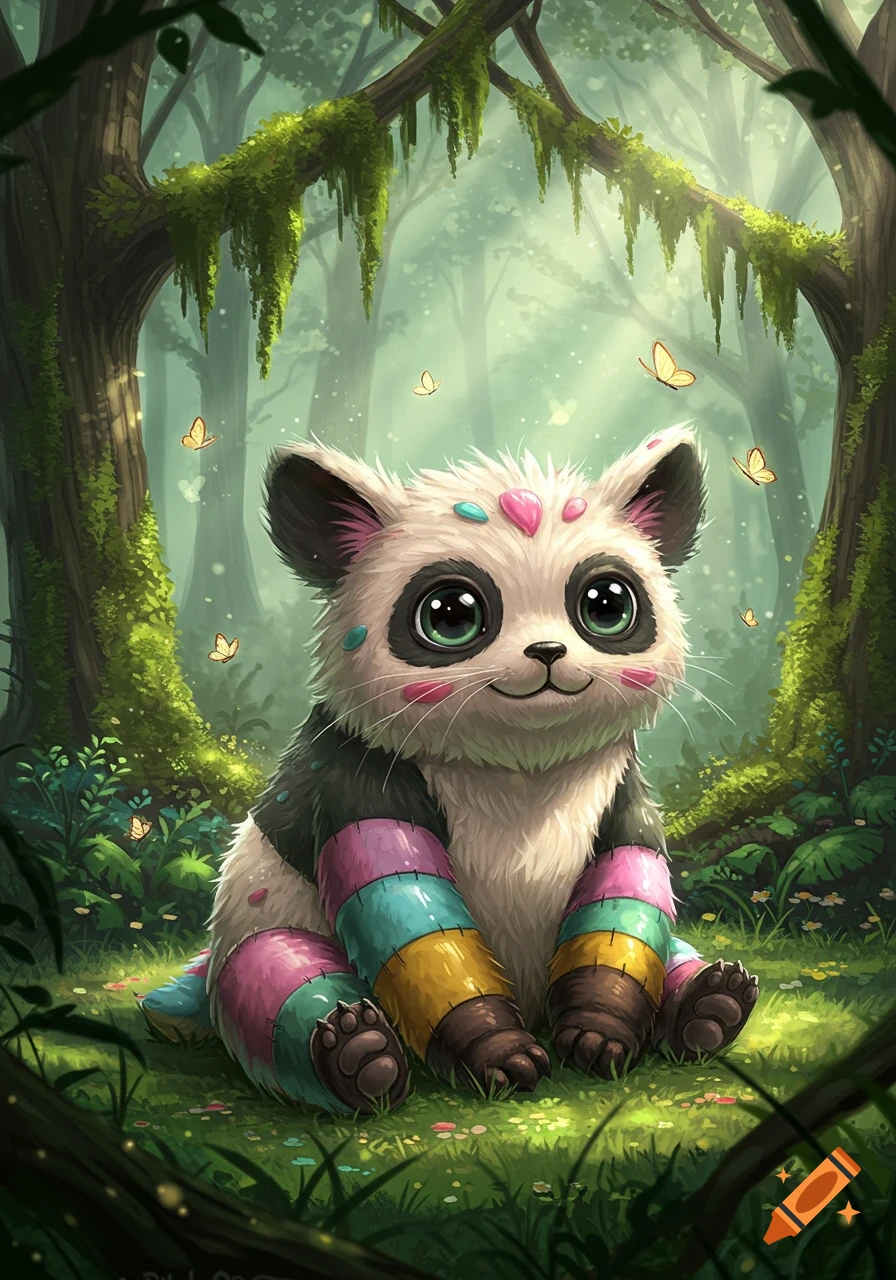 A cute, cartoonish panda-like creature with large eyes and colorful striped legs sits in a whimsical, light-filled forest with butterflies.