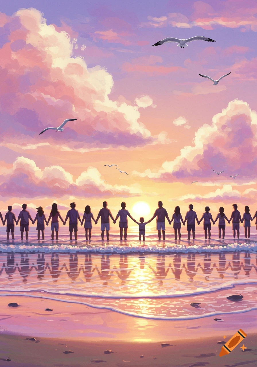A large group of people holding hands on a beach during a vibrant sunset with pink and orange clouds, seagulls flying above.
