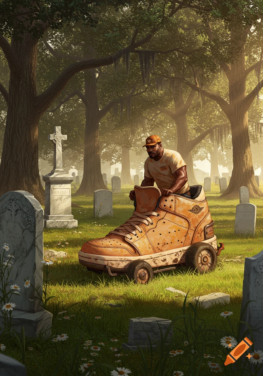 A man in a baseball cap and t-shirt drives a large, tan basketball sneaker modified into a car through a sunlit cemetery with green grass and trees.