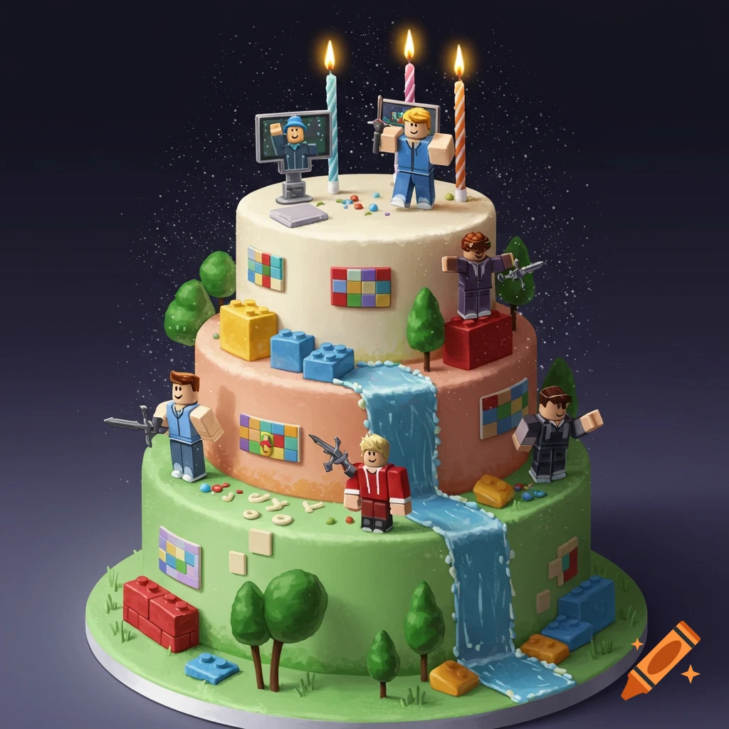 A multi-tiered birthday cake decorated with Roblox-style characters, building blocks, trees, and a waterfall.