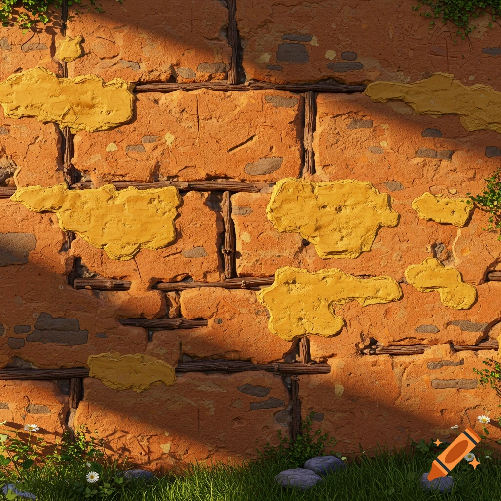 A close-up of a rustic wattle and daub wall with orange plaster, yellowish clay patches, and visible wattle sticks, with grass and flowers at the bottom.