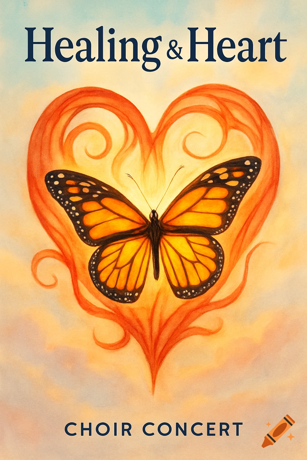 A monarch butterfly centered within a stylized orange heart, with 'Healing & Heart' above and 'CHOIR CONCERT' below on a warm, soft background.