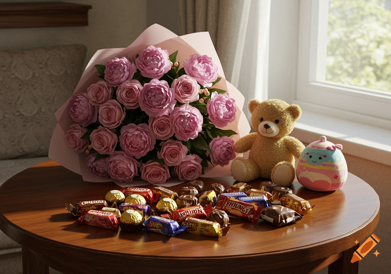 A bouquet of pink flowers, chocolates, a teddy bear, and a colorful squishmallow on a wooden table near a window.