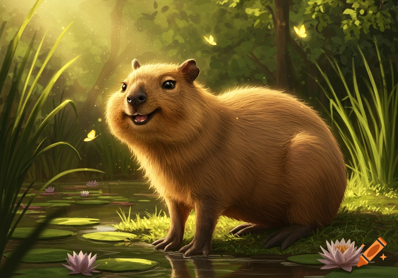 A smiling capybara-quokka hybrid sits by a pond with lily pads and butterflies in a sun-dappled forest.