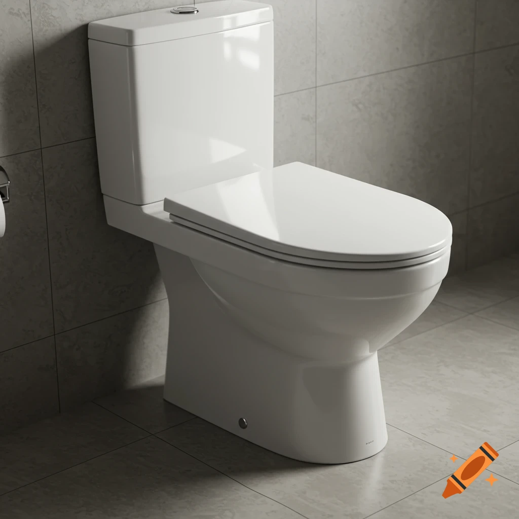 A modern white toilet with a closed lid in a tiled bathroom.