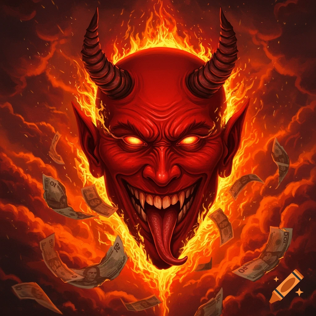 A grinning red devil with horns and glowing eyes, engulfed in flames, surrounded by floating banknotes.