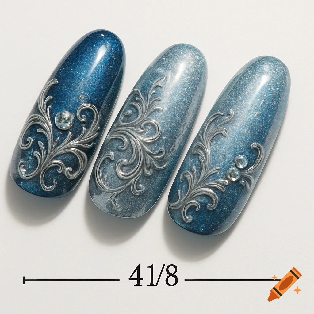 Three decorative blue false nails with silver filigree and gems, measured as 4 1/8 inches long on a white background.