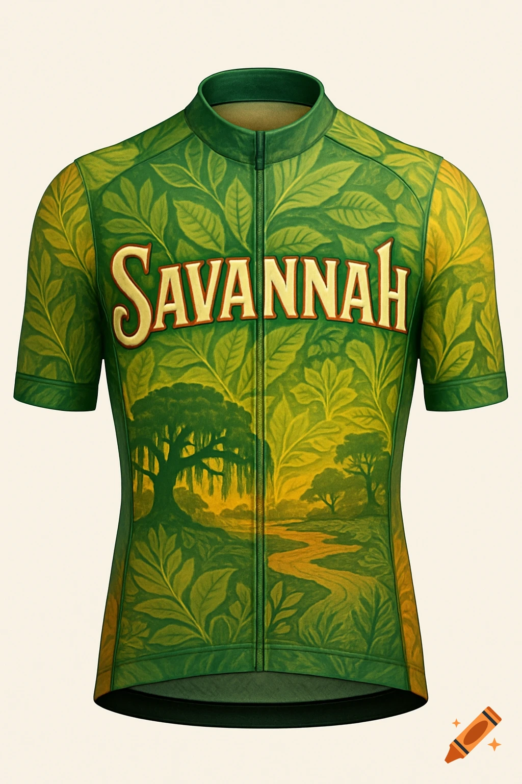 A green and yellow bicycle jersey with a stylized design of leaves, trees, a winding river, and the word 'SAVANNAH' across the chest.
