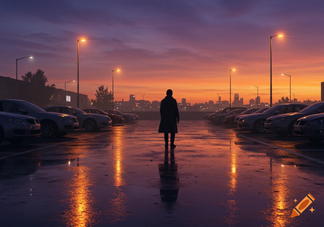 A silhouetted person stands in a wet parking lot under a dramatic sunset sky, with cars and a city skyline.
